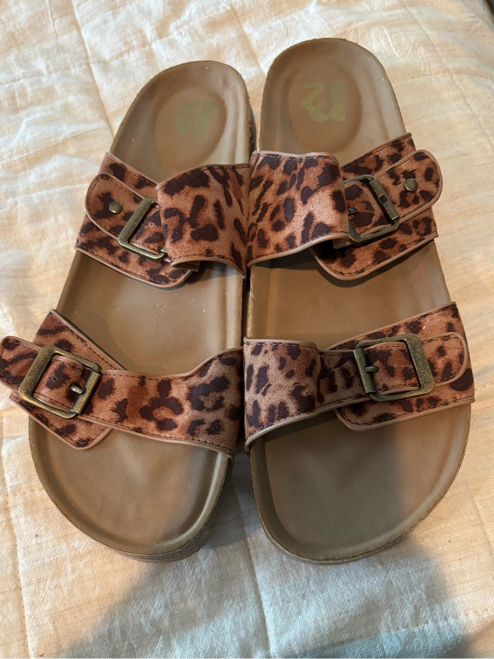 R2 Leopard-Print Buckle Slide Sandals in Brown without shoe box